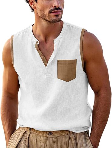 Men's Color Block Sleeveless Shirts V-Neck Cotton Linen Vest Casual Fashion Summer Tank Tops Breathable Lightweight Top in Kuwait