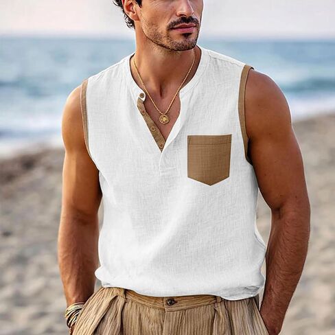 Men's Color Block Sleeveless Shirts V-Neck Cotton Linen Vest Casual Fashion Summer Tank Tops Breathable Lightweight Top in Kuwait
