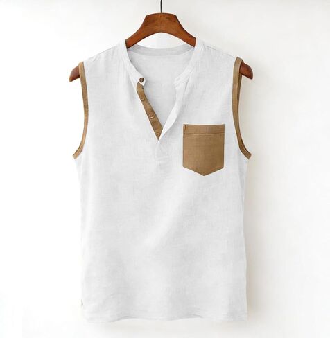 Men's Color Block Sleeveless Shirts V-Neck Cotton Linen Vest Casual Fashion Summer Tank Tops Breathable Lightweight Top in Kuwait
