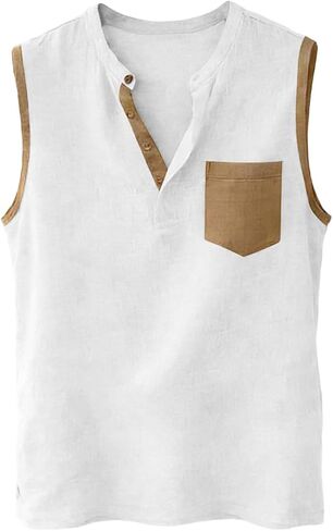 Men's Color Block Sleeveless Shirts V-Neck Cotton Linen Vest Casual Fashion Summer Tank Tops Breathable Lightweight Top in Kuwait