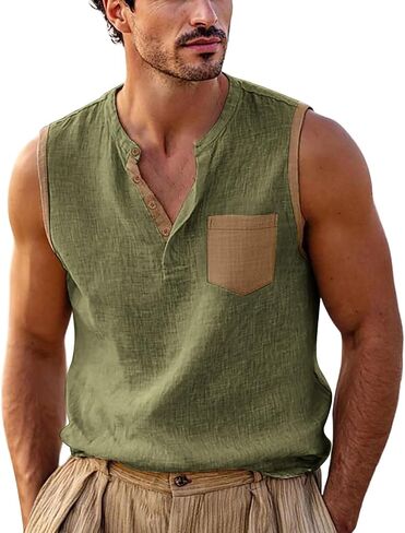 Men's Color Block Sleeveless Shirts V-Neck Cotton Linen Vest Casual Fashion Summer Tank Tops Breathable Lightweight Top in Kuwait