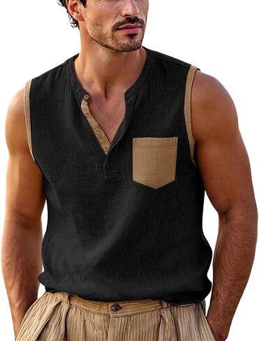 Men's Color Block Sleeveless Shirts V-Neck Cotton Linen Vest Casual Fashion Summer Tank Tops Breathable Lightweight Top in Kuwait