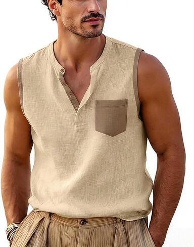 Men's Color Block Sleeveless Shirts V-Neck Cotton Linen Vest Casual Fashion Summer Tank Tops Breathable Lightweight Top in Kuwait