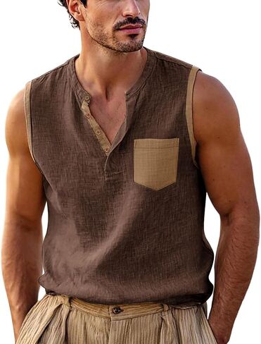 Men's Color Block Sleeveless Shirts V-Neck Cotton Linen Vest Casual Fashion Summer Tank Tops Breathable Lightweight Top in Kuwait