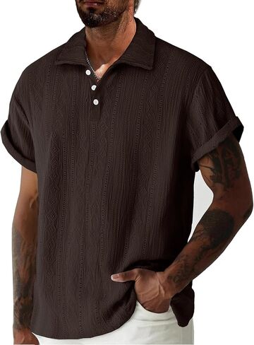 Men's Short Sleeve Button Shirts Jacquard Collar Solid Pullover Beach Casual Top Summer Lightweight Breathable T-Shirt in Kuwait