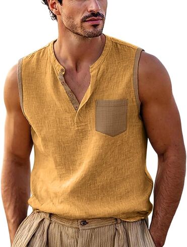 Men's Color Block Sleeveless Shirts V-Neck Cotton Linen Vest Casual Fashion Summer Tank Tops Breathable Lightweight Top in Kuwait