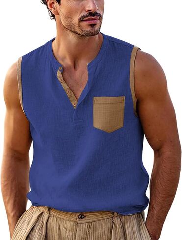 Men's Color Block Sleeveless Shirts V-Neck Cotton Linen Vest Casual Fashion Summer Tank Tops Breathable Lightweight Top in Kuwait