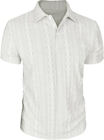 Men's Short Sleeve Button Shirts Jacquard Collar Solid Pullover Beach Casual Top Summer Lightweight Breathable T-Shirt in Kuwait
