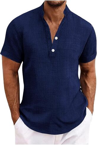 Cotton Linen Short Sleeve Shirts for Men Casual Summer Top Breathable Lightweight Button Down Relaxed Beach Shirt in Kuwait