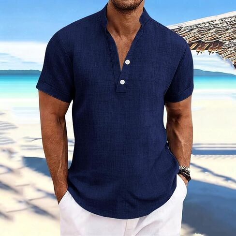 Cotton Linen Short Sleeve Shirts for Men Casual Summer Top Breathable Lightweight Button Down Relaxed Beach Shirt in Kuwait