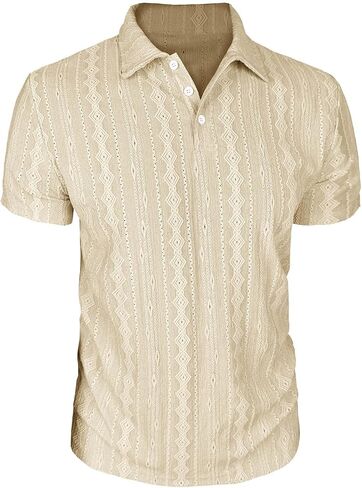 Men's Short Sleeve Button Shirts Jacquard Collar Solid Pullover Beach Casual Top Summer Lightweight Breathable T-Shirt in Kuwait