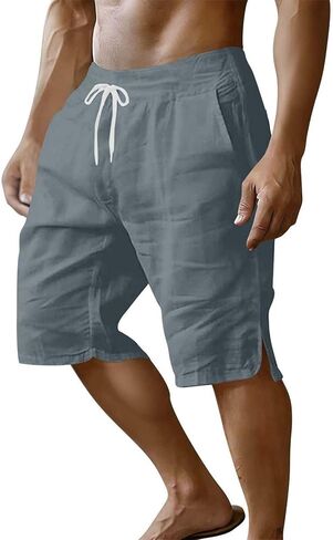 Mens Casual Shorts Cotton Elastic Waist Shorts Drawstring Summer Beach Short Side Split Lightweight Loose Short in Kuwait