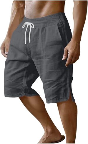 Mens Casual Shorts Cotton Elastic Waist Shorts Drawstring Summer Beach Short Side Split Lightweight Loose Short in Kuwait