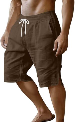 Mens Casual Shorts Cotton Elastic Waist Shorts Drawstring Summer Beach Short Side Split Lightweight Loose Short in Kuwait