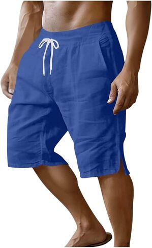 Mens Casual Shorts Cotton Elastic Waist Shorts Drawstring Summer Beach Short Side Split Lightweight Loose Short in Kuwait