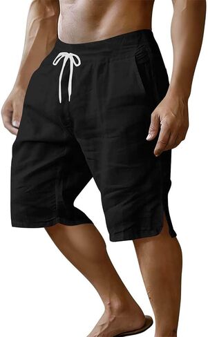 Mens Casual Shorts Cotton Elastic Waist Shorts Drawstring Summer Beach Short Side Split Lightweight Loose Short in Kuwait