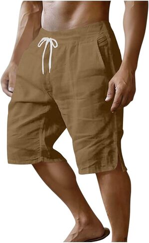 Mens Casual Shorts Cotton Elastic Waist Shorts Drawstring Summer Beach Short Side Split Lightweight Loose Short in Kuwait