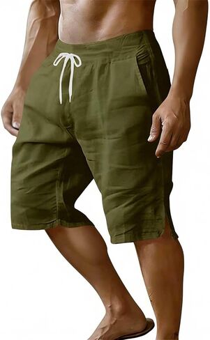 Mens Casual Shorts Cotton Elastic Waist Shorts Drawstring Summer Beach Short Side Split Lightweight Loose Short in Kuwait