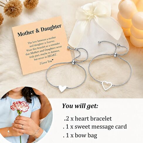 Mother Daughter Bracelets Stainless Steel for Mothers Day Birthday Friend Gifts, Silver Heart Jewelry Mommy and Me Bracelets for Women, Adjustable Matching Friendship Bracelets in Saudi Arabia