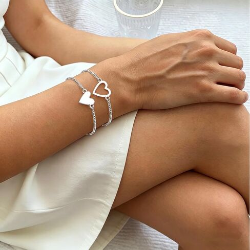 Mother Daughter Bracelets Stainless Steel for Mothers Day Birthday Friend Gifts, Silver Heart Jewelry Mommy and Me Bracelets for Women, Adjustable Matching Friendship Bracelets in Saudi Arabia
