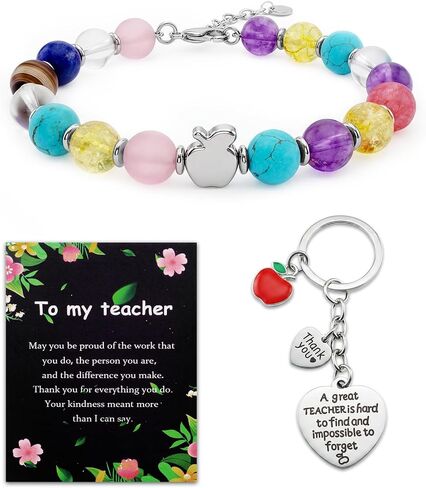 Teacher Appreciation Gifts Bracelet for Women, Natural 7 Chakra Crystal Beaded Bracelet with Apple Charm, Graduation Thank You Gift for Teacher, End of Year Teacher Gifts with Keychain & Gift Box in Saudi Arabia