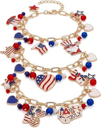 3 Pcs Patriotic Red White Blue Bracelet for Women 4th of July USA Charm Bracelet American Flag 250th Jewelry Accessories Gift for Independence Memorial Day Adjustable 7-9.25 Inch in Kuwait