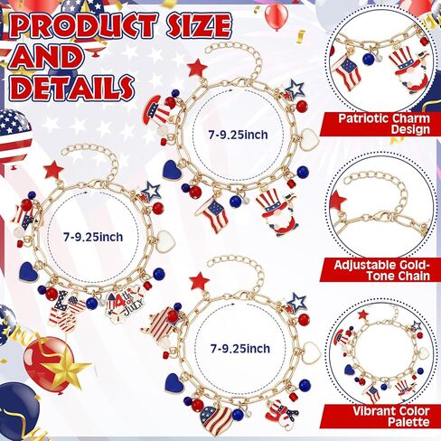 3 Pcs Patriotic Red White Blue Bracelet for Women 4th of July USA Charm Bracelet American Flag 250th Jewelry Accessories Gift for Independence Memorial Day Adjustable 7-9.25 Inch in Kuwait
