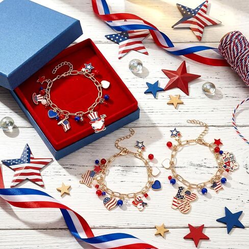 3 Pcs Patriotic Red White Blue Bracelet for Women 4th of July USA Charm Bracelet American Flag 250th Jewelry Accessories Gift for Independence Memorial Day Adjustable 7-9.25 Inch in Kuwait
