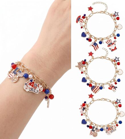 3 Pcs Patriotic Red White Blue Bracelet for Women 4th of July USA Charm Bracelet American Flag 250th Jewelry Accessories Gift for Independence Memorial Day Adjustable 7-9.25 Inch in Kuwait
