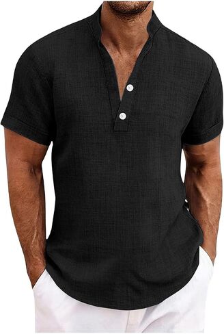 Cotton Linen Short Sleeve Shirts for Men Casual Summer Top Breathable Lightweight Button Down Relaxed Beach Shirt in Kuwait