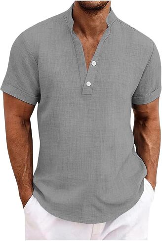 Cotton Linen Short Sleeve Shirts for Men Casual Summer Top Breathable Lightweight Button Down Relaxed Beach Shirt in Kuwait
