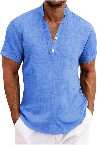 Cotton Linen Short Sleeve Shirts for Men Casual Summer Top Breathable Lightweight Button Down Relaxed Beach Shirt in Kuwait