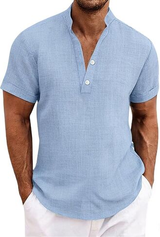 Cotton Linen Short Sleeve Shirts for Men Casual Summer Top Breathable Lightweight Button Down Relaxed Beach Shirt in Kuwait