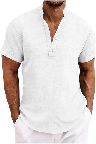 Cotton Linen Short Sleeve Shirts for Men Casual Summer Top Breathable Lightweight Button Down Relaxed Beach Shirt in Kuwait
