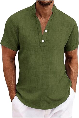 Cotton Linen Short Sleeve Shirts for Men Casual Summer Top Breathable Lightweight Button Down Relaxed Beach Shirt in Kuwait