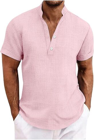Cotton Linen Short Sleeve Shirts for Men Casual Summer Top Breathable Lightweight Button Down Relaxed Beach Shirt in Kuwait