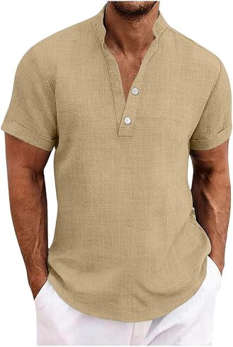 Cotton Linen Short Sleeve Shirts for Men Casual Summer Top Breathable Lightweight Button Down Relaxed Beach Shirt in Kuwait