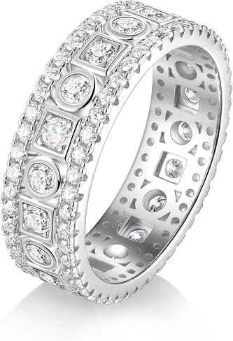 D Color VVS1 Clarity Round Cut Moissanite Eternity Bands for Women Men, Solid 925 Sterling Silver with White/Yellow Gold Plated, 1.36 Carats 5.9mm Chunky Bezel Wedding Engagement Promise Rings Size 5-11 in Saudi Arabia