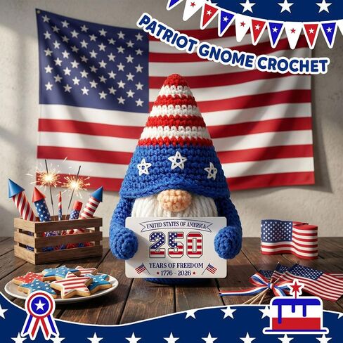 4th of July Crochet Gnome Decoration, Handmade Patriotic Gnome Semiquincentennial 250th Anniversary 1776-2026, Independence Day Tiered Tray Shelf Decor, Red White Blue Americana Gift for Veterans in Saudi Arabia