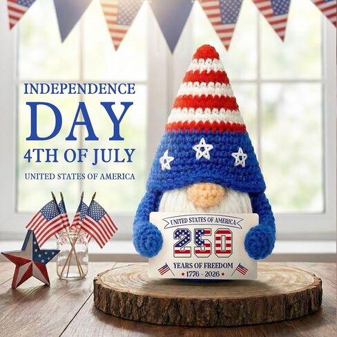 4th of July Crochet Gnome Decoration, Handmade Patriotic Gnome Semiquincentennial 250th Anniversary 1776-2026, Independence Day Tiered Tray Shelf Decor, Red White Blue Americana Gift for Veterans in Saudi Arabia