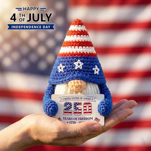 4th of July Crochet Gnome Decoration, Handmade Patriotic Gnome Semiquincentennial 250th Anniversary 1776-2026, Independence Day Tiered Tray Shelf Decor, Red White Blue Americana Gift for Veterans in Saudi Arabia