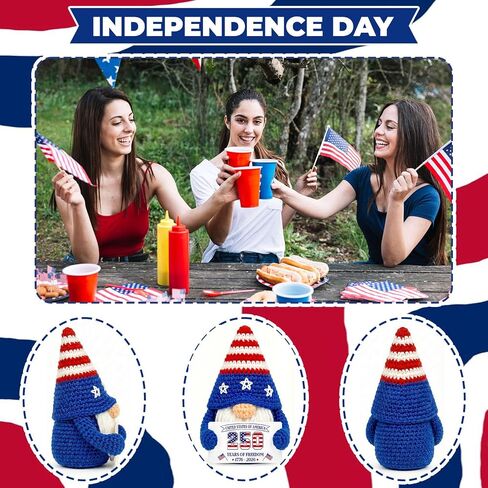 4th of July Crochet Gnome Decoration, Handmade Patriotic Gnome Semiquincentennial 250th Anniversary 1776-2026, Independence Day Tiered Tray Shelf Decor, Red White Blue Americana Gift for Veterans in Saudi Arabia