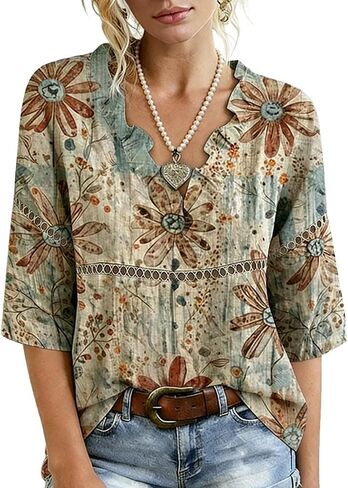 Women's Boho Vintage Floral Print Blouse V-Neck Hollow Out Half Sleeve Cotton Casual Top in Saudi Arabia