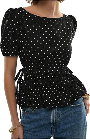 Verdusa Women's Polka Dots Dressy Blouses Bow Knot Slit Cinched Waist Tops Chic Elegant Outfits in Kuwait