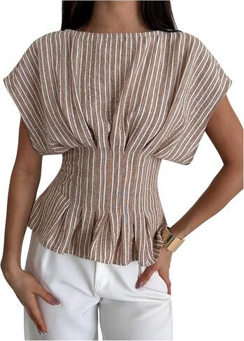 MakeMeChic Women's Striped Ruffle Peplum Top Dolman Sleeve Dressy Tops Blouse in Kuwait