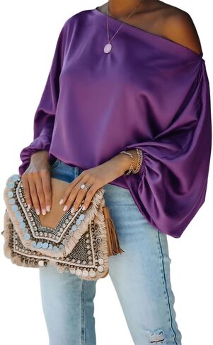 CHICME Off Shoulder Satin Tops for Women Skew Neck Blouse Casual Lantern Sleeve Loose Fit Blouse Shirts in Kuwait