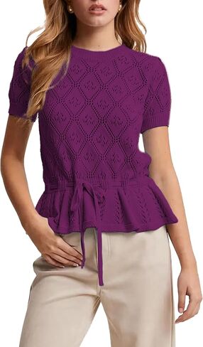 Women's Peplum Top Puff Sleeves Adjustable Tie-Waist Blouse Diamond Pointelle Shirts in Kuwait