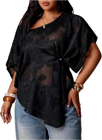 Floerns Women's Plus Size Mesh Off The Shoulder Chiffon Blouses Short Sleeve Asymmetrical Summer Tops in Kuwait