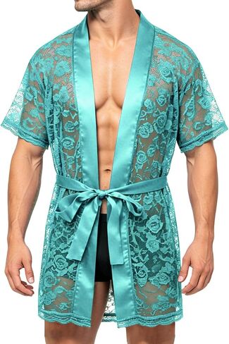 SUMABA Mens Sexy Lace Bathrobe Mesh Lingerie See Through Sleepwear Ultra-thin Floral Pajamas Nightgown Robe in Kuwait