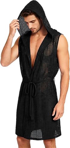 ZONBAILON Men's Mesh Robes Sexy Hooded Sleeveless See-Through Bathrobes Breathable Night-Robe in Kuwait